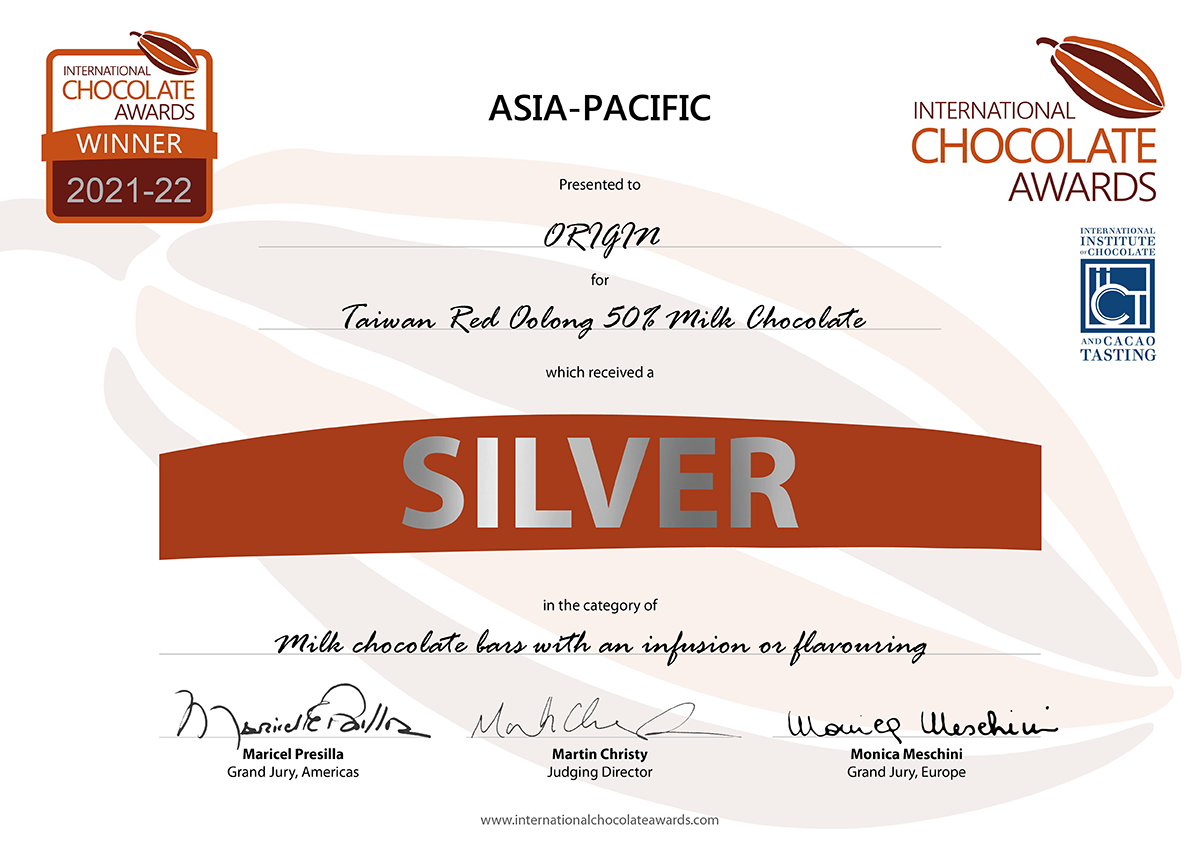 ORIGIN 紅烏龍牛奶巧克力 獲得ICA銀牌獎